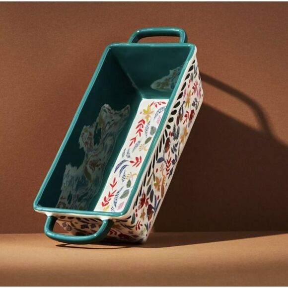 Anthropologie Aleena Ceramic Baking Loaf Pan Floral Birds Berries Bread - Picture 1 of 13